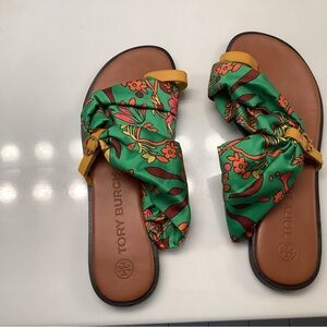 Tory Burch Green and Orange Sandals with Decorative Bows